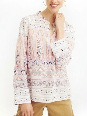 Point Sur J.Crew Paisley 100% Silk Blouse Henley Orange Purple Size Small